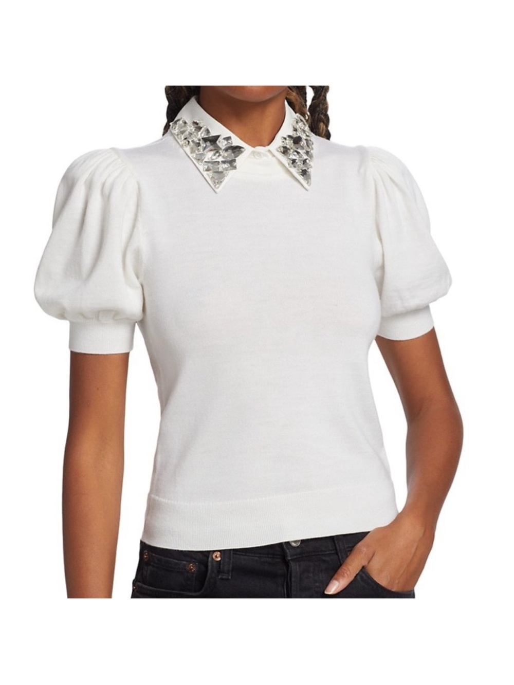 Embellished Collar Puff Sleeve Knit Top - White